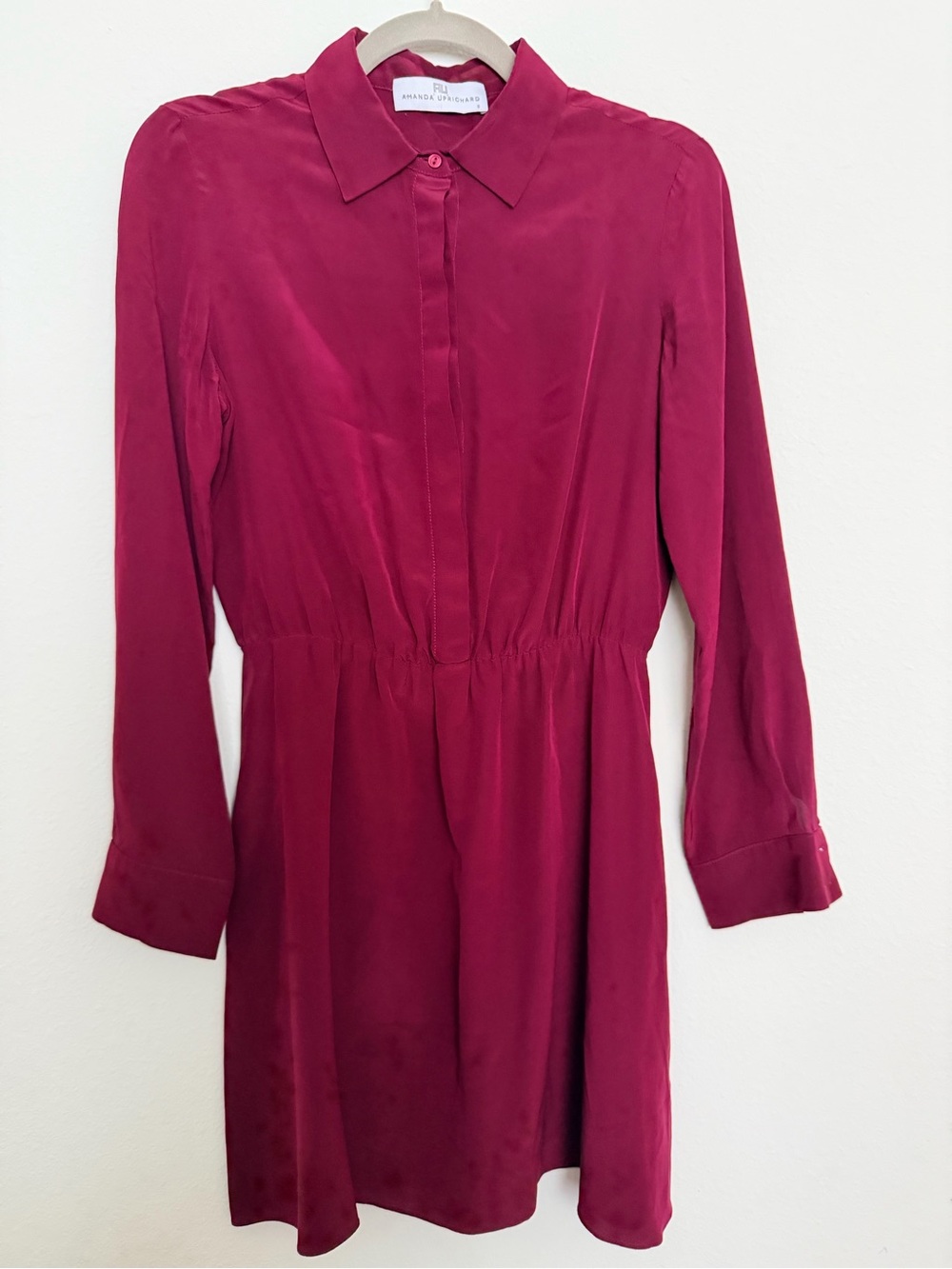 Amanda Uprichard Burgundy Long-Sleeve 100% Silk Shirt Dress